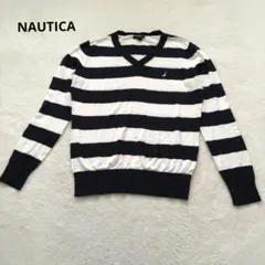 NAUTICA 長袖ニット ボーダー柄 Vネック ホワイト ネイビー Mのサムネイル