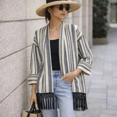 ZARA 着物風 ガウン 羽織り ストライプ フリンジ タッセル ゆったりのサムネイル