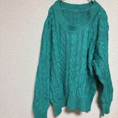 ターコイズ ケーブル編み ニットセーター 長袖