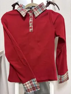 チェック柄ポロカラー赤長袖フィッティングベーストープ