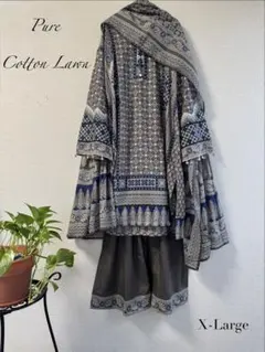 春ピュアコットンローン　伝統美　幾何学模　洗練エスニック　モカ×ブルー　3PC