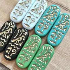 エジプト　ヒエログリフ　ビーズセット　８個　楕円　金プリント　彫刻風　金文字
