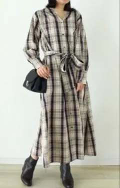 チェックニュアンスVネックロングシャツワンピース