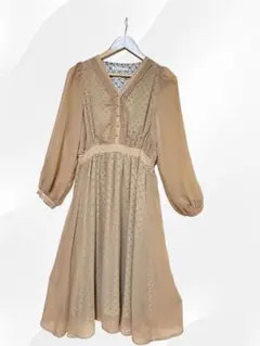 美品 レイカズンレトロフラワーVタックワンピース キャメル花柄 ロング マキシ春