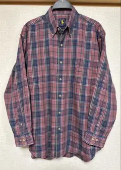 【POLO CLUB】ボタンダウン長袖コットンシャツ　Ｌ　小豆色系チェック柄