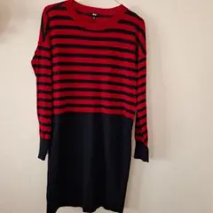 赤と黒のストライプ ニットワンピース 長袖