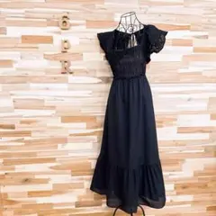 稀少【ザラ】フラワー レース スリーブ ティアード ロング ワンピース S 黒