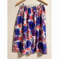 【M】フレアスカート 花柄 ひざ丈 ブルー レッド ウエストゴム マルチカラー