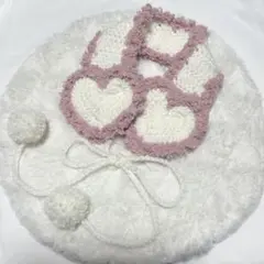 ハート イヤーマフ ハンドメイド 編み物 フワフワ リボン 白×ピンク