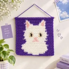 ハンドメイド 猫　タペストリー 壁飾り かぎ針編み パープルホワイト