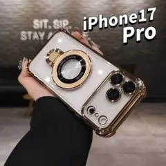 iPhone17Pro 耐衝撃メタリック カバー ゴールドケース スタンド付き