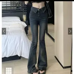 GRL ウエスト折り返しフリンジフレアデニム[ks003] ネイビー XS