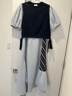 LANVIN en Bleu ストライプMIXドッキングワンピー　38サイズ