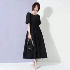 【ミュゼル】パフスリーブワンピース　スクエアネック　ミモレ丈　黒　M　大人可愛い