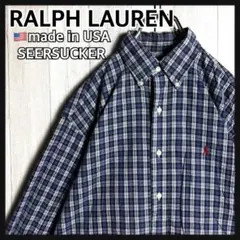 3830【希少・美品】90s USA製 ラルフローレン シアサッカー BDシャツ