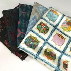 ❀ 青系 幾何学模様生地セット ❀ 着物はぎれ 和風 巾着袋 敷物 小物 飾り物