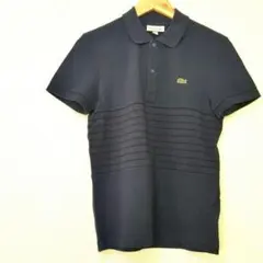 【美品】ラコステ鹿の子ポロシャツボーダー綿100ワニ刺繍ネイビーユニセックス