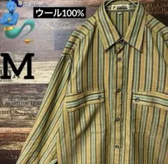 【個性派古着】ストライプ　グリーン系　長袖シャツ　希少　毛100% M