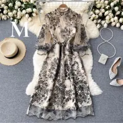 新品 M 花柄 結婚式 ロングワンピース 秋冬 パーティドレス お呼ばれ 長袖