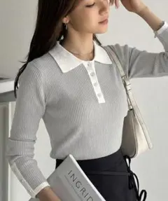 【mily bilet】 金縁ボタン使いリブポロニット（長袖）