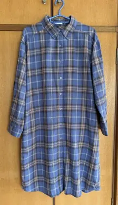 青系チェック柄長袖シャツワンピース