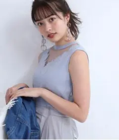Rirandture　美品　デコルテレースドッキングニットワンピース　ブルー