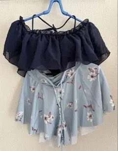 セパレート水着 花柄 オフショルダー 紺色　3点セットのサムネイル