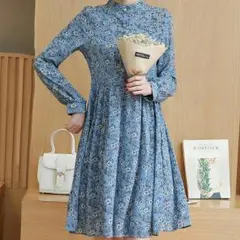 新作♪ノーカラー小花柄フレア 長袖ワンピース ブルーL