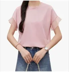 半袖 カットソー Tシャツ 袖フリル ピンク 丸首 綿 無地 Lサイズ