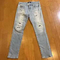 AZUL メンズ スキニーデニム ダメージ加工 ライトブルー