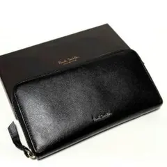 ポールスミス　長財布　黒　ラウンドジップ　レザー　ストライプ　金具ロゴ