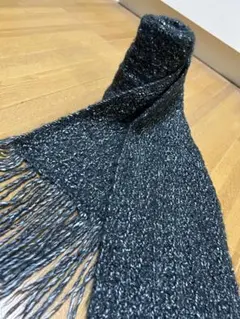 ハンドメイド黒白グレーマーブルMIXカラーニット マフラー フリンジ付き