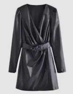 ZARAブラックフェイクレザーベルテッドラップエフェクトドレスS