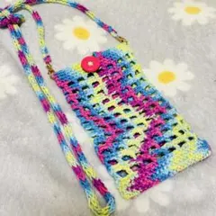 スマホショルダーバッグ　ミックス糸　かぎ針編み　ハンドメイド