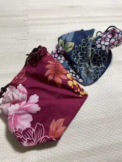 リバーシブル巾着❤️紫青黒ボルドー古風❤️花火大会盆踊り夏祭り❤️レディース2点セット