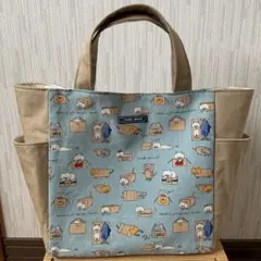 サイドポケット付き　コットンこばやし猫柄トートバッグ　ベージュ