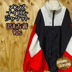 ジャケット USA古着 90s ナイロン レッド ブラック ブロックパターン