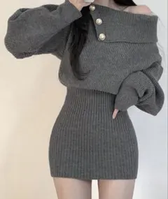 オフショルダー グレー ミニワンピース 冬服 S SHEIN