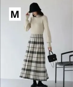 美品 blueeast ベージュ チェック柄 ニットワンピース チェック