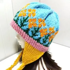 花柄耳あて付きニット帽