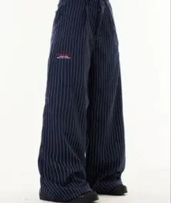 FreeZoneストライプ ワイドパンツ ネイビー