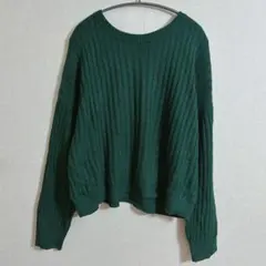 ダークグリーン リブ編み セーター 無地 カジュアル 海外古着 レディース