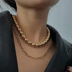 金 ゴールド ダブルチェーン 数珠 ボール ネックレス 韓国 #C928-2