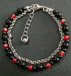 2連 チェーンブレスレット　ブラック　レッド　シルバー　アメカジ　ストリート系