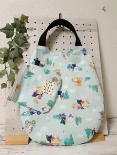 ハンドメイド　エッグバッグ　両面リバーシブル　ポーチ付　猫ちゃんフラワーショップ