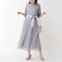 OPAQUE.CLIP レースチュールロングワンピース36花柄 半端袖　くすみ青