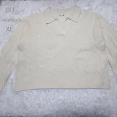 GU ケーブル編み 襟付きニット XL アイボリー