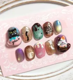 ショートオーバル★バレンタインネイル黒猫三毛猫マグカップチョコミント個性的