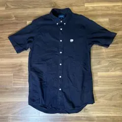 Beams シャツ ネイビー 半袖シャツ 刺繍ワンポイントロゴ付き