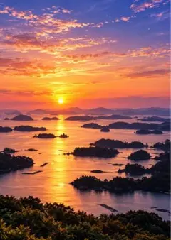 【イラスト】夕陽に染まる多島海の風景 アートポスター